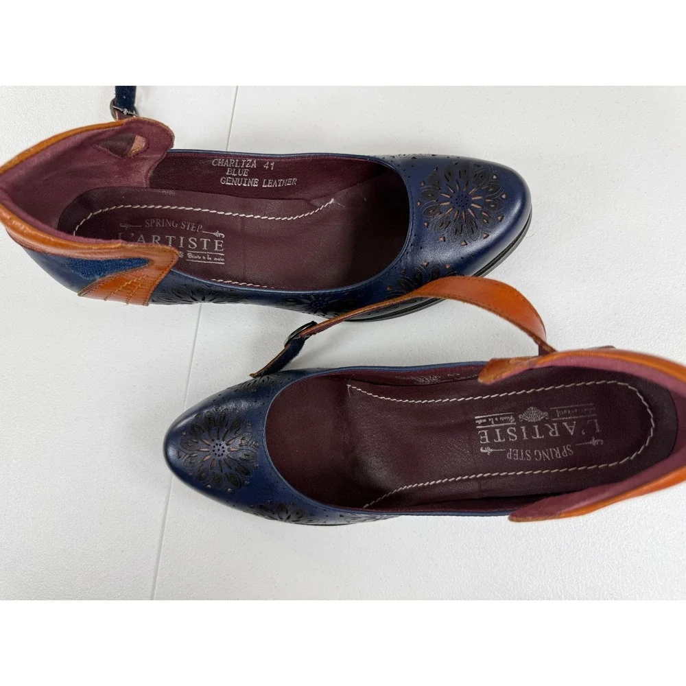L Artiste Charliza Pumps Womens 41 Blue Leather Floral Whimsygoth Mary Jane Boho